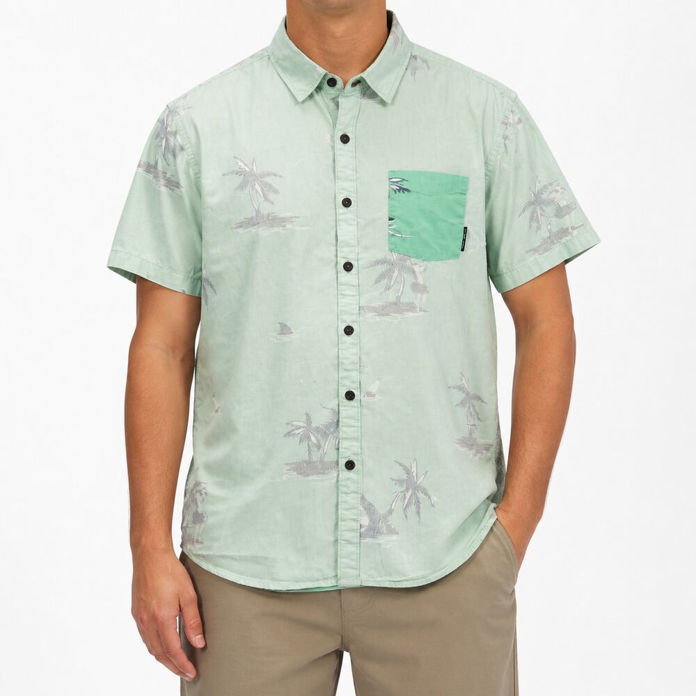 Billabong Shirt Mens Medium Green Hawaiian Palm Tree Cotton Reverse Print